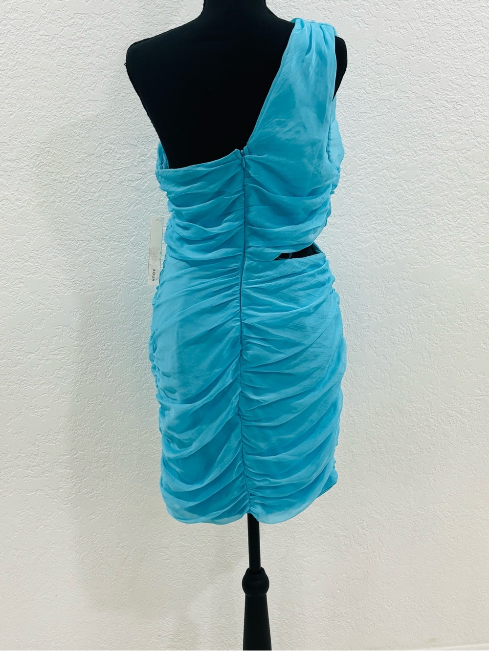 Aqua Turquoise One-Shoulder Ruched Mini Dress - Picture 4 of 4